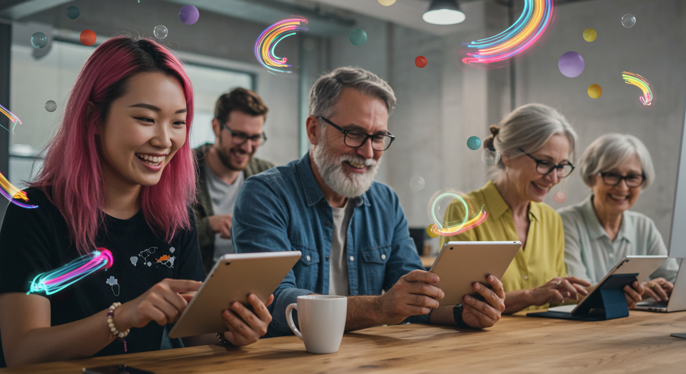 A diverse group of people collaborating on a creative project with AI tools