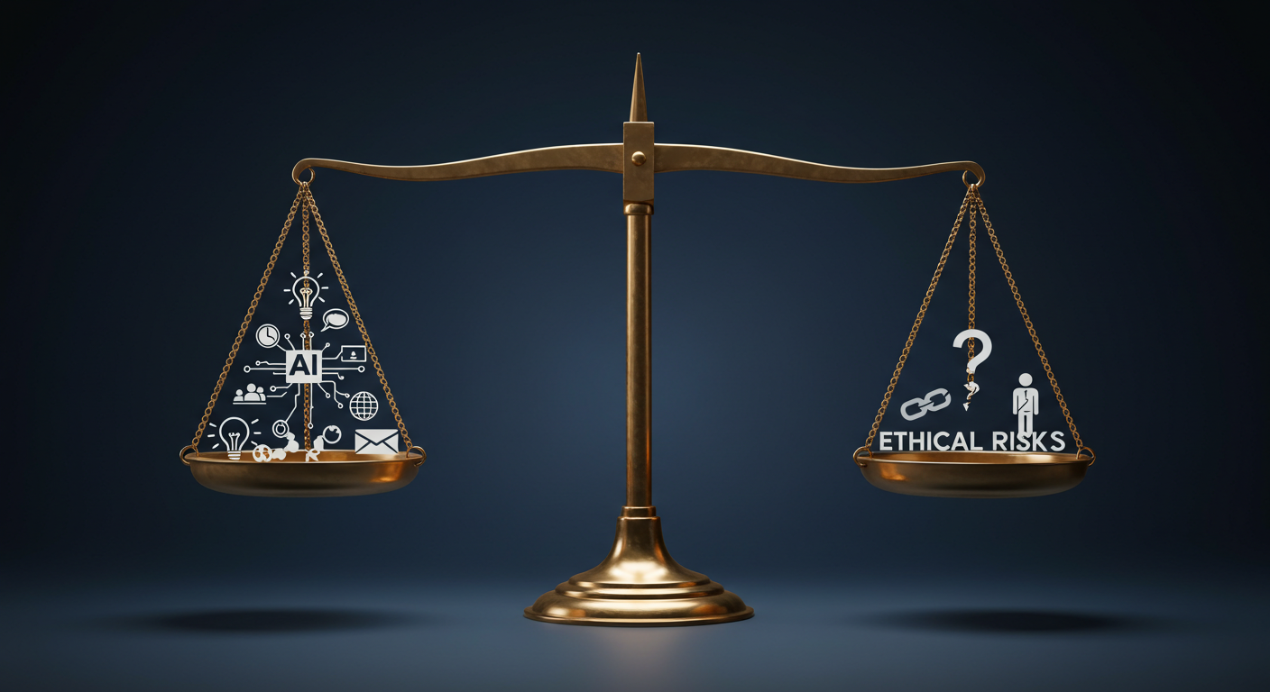 A visual metaphor: a balance scale with "AI Potential" on one side and "Ethical Risks" on the other