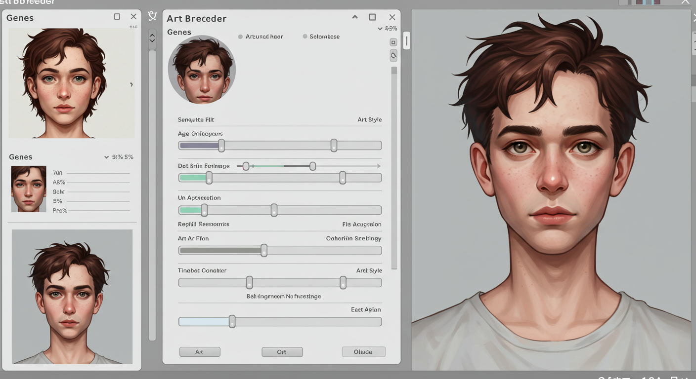 Screenshot of the Artbreeder interface showing "gene" sliders