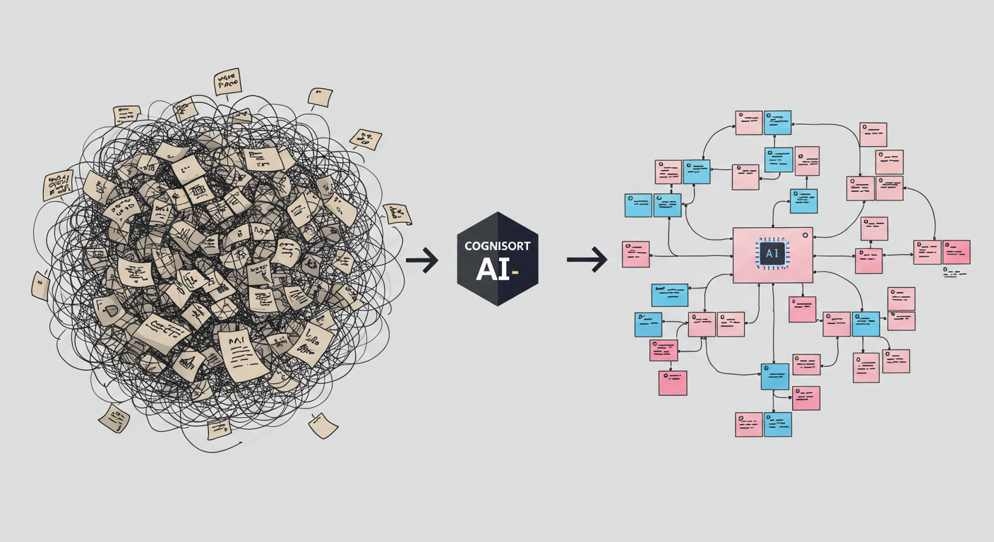 Conceptual graphic of scattered notes becoming organized