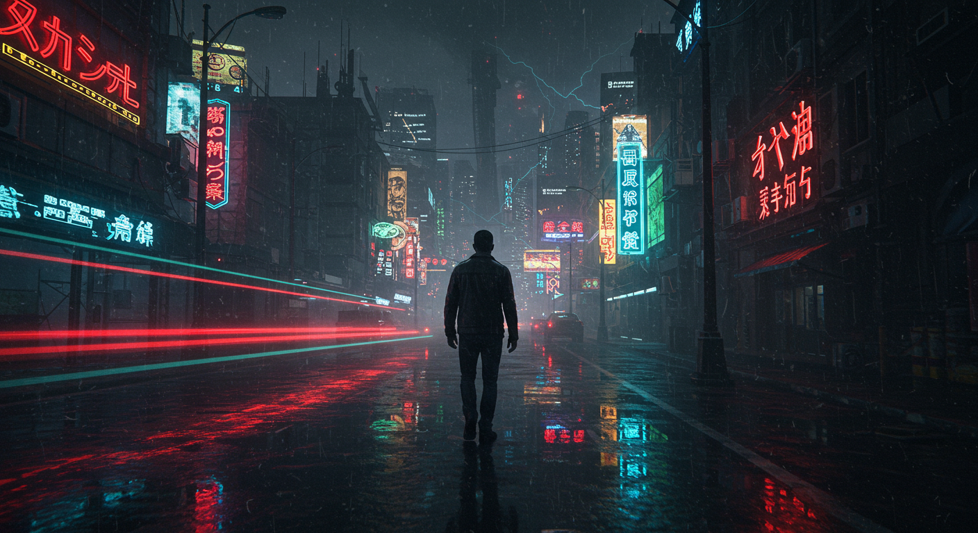 AI generated image in Cyberpunk Neon Noir style
